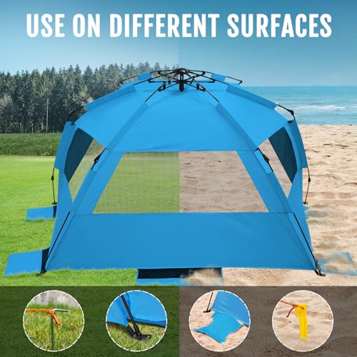 WhiteFang Deluxe Pop Up Beach Tent Sun Shade Shelter for 3-4/5-6 Person, UV Protection, Extendable Floor with 3 Ventilating Windows Plus Carrying Bag, Stakes, and Guy Lines - color: Blackout Shelter-Solid Blue, size: X-Large