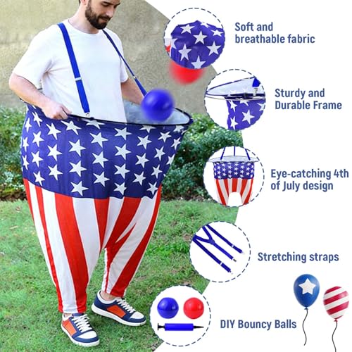 Patriotic Granny Pants Yard Game for Adult Independence Day Granny Pants Games American Flag Ring Toss Game with Pump,Blue&Red Balls 4th of July Party Toss Game for Families Yard Indoor Outdoor