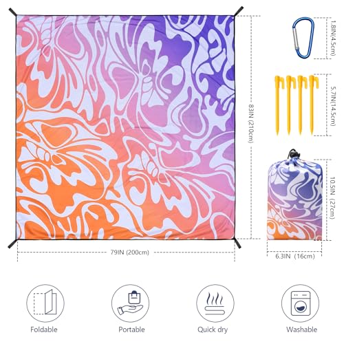 WIWIGO Beach Blanket Waterproof Sandproof Beach Mat 79" X 83"/10'x9'for 2-8 Adults Quick Drying Outdoor Picnic Mat Beach Accessories for Travel, Camping, Hiking - color: Big Flower-orange and Purple Gradient, size: 79" X 83"（1-4person）