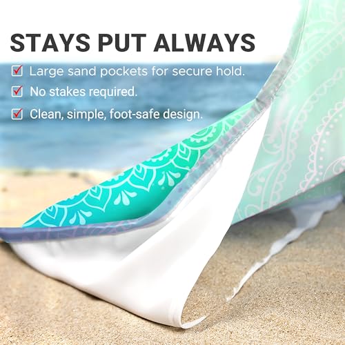 Sunlit Silky Soft Sand Proof Beach Blanket 106"x81" / 85"x72" Sand Proof Mat with Corner Pockets and Mesh Bag for Beach Party, Travel, Camping and Outdoor Music Festival, Mandala - color: Turquoise, size: 120"x108"