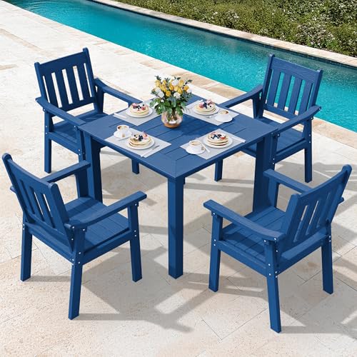 YEFU HIPS Patio Table Set: 5 Piece Outdoor Square Table and Chairs with Metal Aluminum Frame - Blue Modern Plastic Patio Dining Furniture Set 4 Person for Outside Deck - color: Blue, size: 5 Piece（Square）