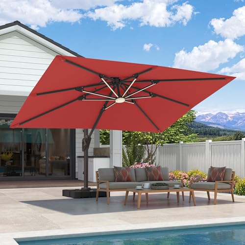 9x12 FT Cantilever Patio Umbrella with Base and Led Lights Double Top Outdoor Rectangular Large Heavy Duty Aluminum Offset Umbrellas with 7 Level Tilt 360-degree Rotation for Pool Garden Deck, Wine Red - color: Wine Red, size: 9' X 12'-with Light & Base