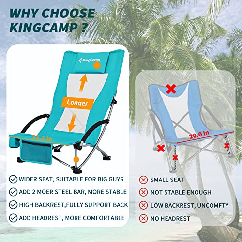 KingCamp Folding Beach Chair 2 Pack High Back Lightweight Portable Backpack Chair with Headrest, Cup Holder for Camping Outdoor Sand Concert Lawn Festival Sports, Cyan - color: Cyan-high Back-2 Pack