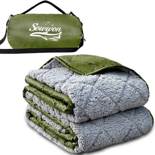 Waterproof Outdoor Blanket 82”X 55” Packable, Stadium Blankets for Camping with Sherpa Fleece Lining, Large Windproof Emergency Throw Mat for Garss Picnic Hiking Road Trip, Machine Washable, Green - color: Sherpa Green-300 Gsm, size: 82"x 55"
