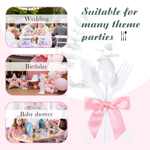 Minatee 25 Sets White Plastic Cutlery Set with Twist Tie Bows, Heavy Duty Tableware Disposable Forks Knives Spoons Silverware Utensils Set for Coquette Birthday Bow Party Table Setting Picnics - color: White,Pink
