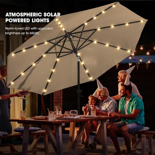 wikiwiki 11FT Solar Led Patio Umbrella with Base Included, 32 LED Lights, 8 Sturdy Ribs, Fade Resistant Waterproof POLYESTER DTY Canopy for Garden, Lawn, Deck, Backyard & Pool, Tan - color: Tan, size: 11FT