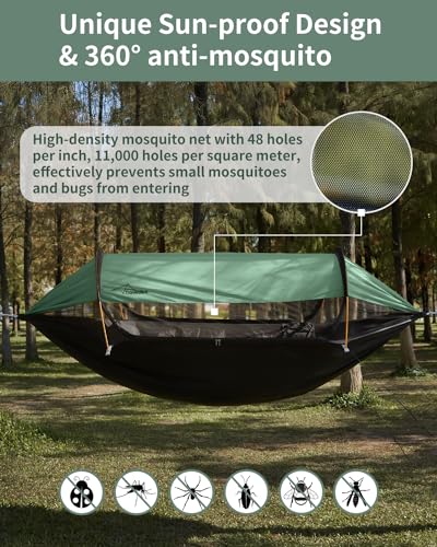 Camping Hammock Tent with Mosquito Net and Sunshade, Extra Large for 2 Person, Lightweight Hanging Hammocks Tree Straps, Bivvy Ground Tent for Outside, Hiking, and Travel - color: Hammock-green