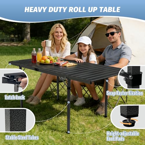 29.9" Tall Folding Camping Table for 2-6 Person, 54.7" Large Aluminum Foldable Roll-up Table Outdoor with Carry Bag for Picnic, Camp, Sturdy, Backyard, Patio - color: Black