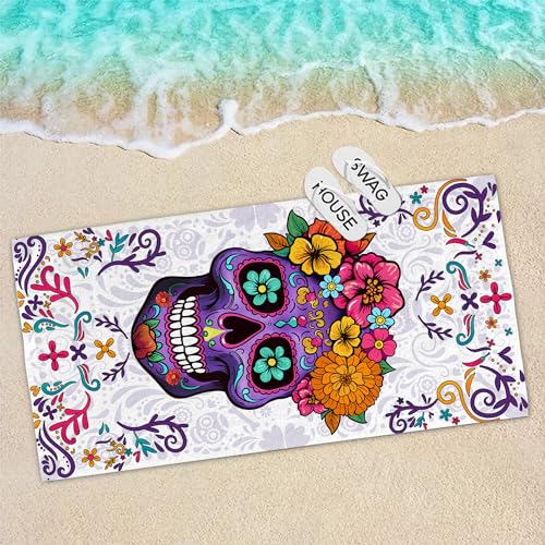 Bonsai Tree Sugar Skull Beach Towel, Purple Microfiber Bath Towel for Women, Sand Free Quick Dry Travel Towels Sugarskull for Women Yoga Sports Adults 30" X 60" - color: Sugarskull, size: 30"x60"