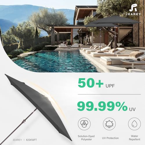 JEAREY 6.5x10 ft Rectangular Patio Umbrellas Rectangle Outdoor Umbrella with Push Button Tilt and Crank, Market Table Umbrella 6 Sturdy Ribs UV Protection for Poolside Garden Backyard Deck, Gray - color: Gray, size: 6.5x10ft