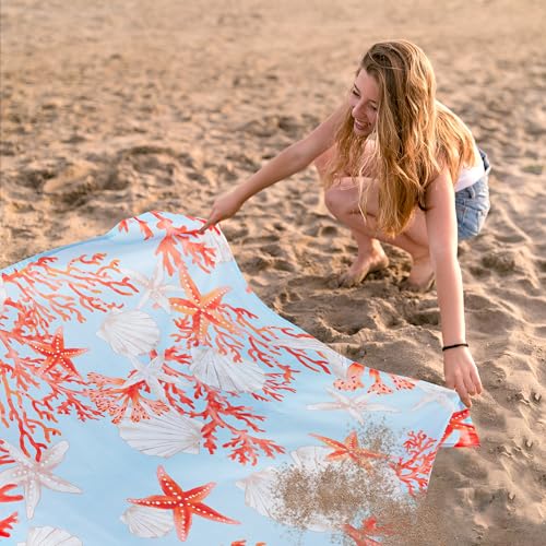 Beach Blanket Waterproof Sandproof, 9 Ft X 10 Ft Extra Large Sand Free Beach Mat, Big Compact Lightweight Quick Drying Picnic Blanket with 4 Stakes & Pockets for Camping, Travel, Hiking - color: Red Starfish, size: 9x10 FT (1～8 person)