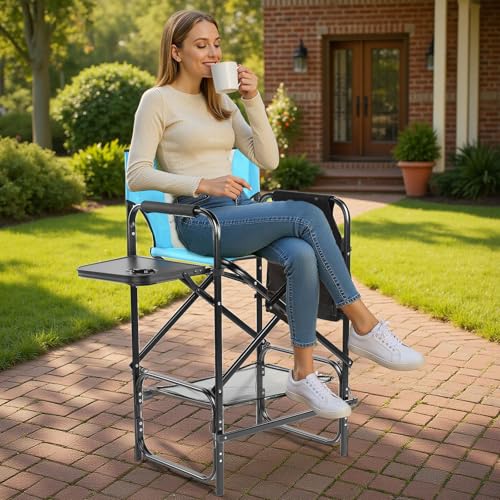 45" Tall Directors Chair,Camping Chairs for Adults,Portable Bar Height Folding Camping Chairs,with Cup Holder, Side Table, Storage Pocket, Footrest,for Fishing Sports Beach Picnic (Blue & Gray)