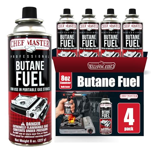 Chef Master 4x 8oz Butane Fuel Canister - Butane Refill for Kitchen Torch & Camp Stove - Gas Canister for Picnics, Outdoor Cooking, Grilling - Camping Stove, Torch Fuel Camping Essentials - 90340 - size: Pack of 4