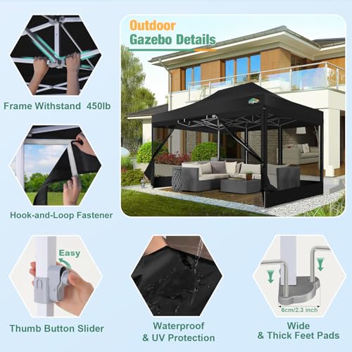 COBIZI 10x15 Canopy Tent, Heavy Duty Pop up Canopy with Sidewalls, Waterproof Easy Setup Canopy with Mosquito Netting, Outdoor Instant Screen Tents for Parties, Wedding, Backyard with Carry Bag, Black - color: Black, size: 10x15FT