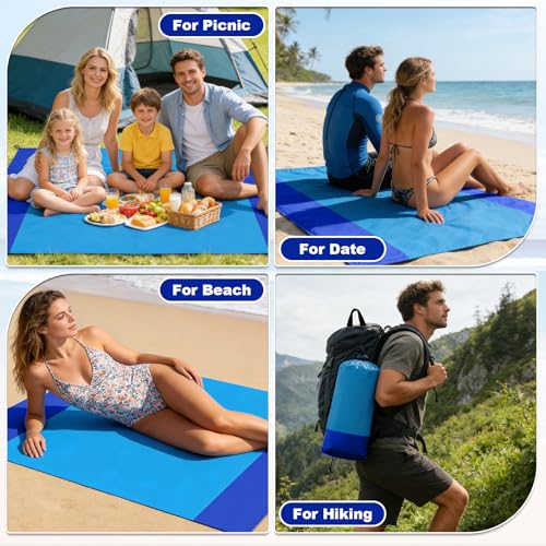 83X79in Beach Blanket, Waterproof Sandproof Beach Mat, Quick Drying Outdoor Picnic Mat Beach Accessories for Camping, Hiking - color: Navy Blue, size: 83X79in