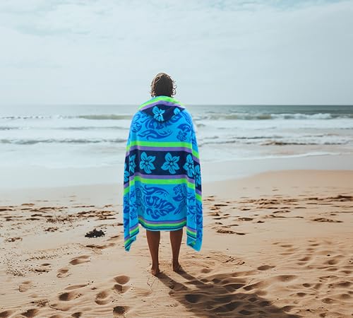COTTON CRAFT Hooded Beach Towel for Adults – Oversized 39x68 Towel with Hood - 100% Cotton Velour Terry Jacquard Pool Bath Wrap - 450 GSM Soft Absorbent Quick Dry – Tropical Hibiscus Aqua Blue Purple - color: Hibiscus - Aqua Blue Purple, size: 1 Pack - 39