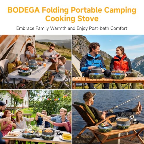 BODEGA 2 Burner Camping Stove,20000 BTU Folding Propane Camp Stove with Pressure Adjustable Burners,Wind-Resistant Dual Gas Stoves with Portable Handle&Bag&GrillPan for Camping,BBQ,RVs,Tailgating - size: With Frying Pan