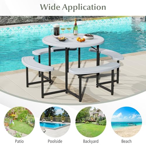 Byroce 8-Person Picnic Table for Outdoors, HDPE Picnic Table Set with 4 Benches, Umbrella Hole & Metal Frame, Heavy Duty Round Dining Table Chairs for BBQ Party in Patio, Yard & Poolside (White) - color: White