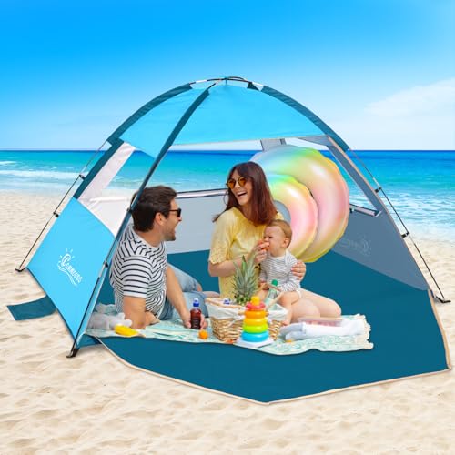 COMMOUDS Beach Tent Sun Shade for 3/4/6/8 Person, UPF 50+ Beach Sun Shelter Canopy Tent, Lightweight, Easy Set Up and Carry - color: Blue, size: 3 Person