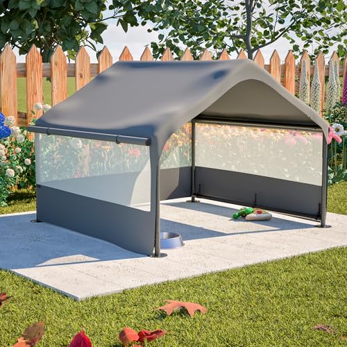 KEIKI Dog Shade Shelter Pet Tent Outdoor with 3-Sided Mesh Windows, Waterproof Sun Protection Pet House Animal Shelter for Dogs, Small Animals, 4'x4' x3.3', Gray - size: 47.5“x50"x37"