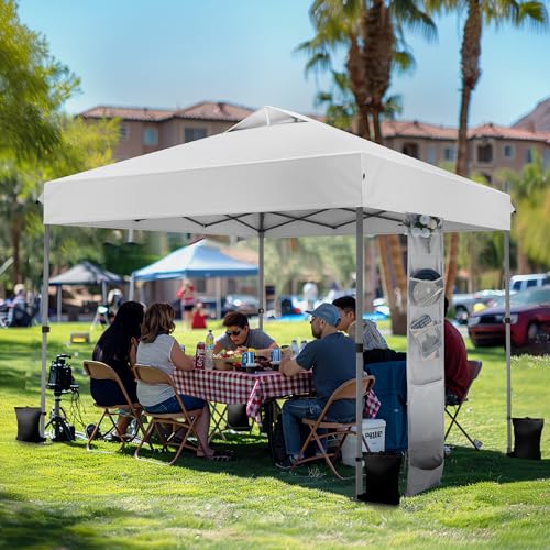 PHI VILLA 10x10 Pop Up Canopy Tent - One Push Setup, Instant Shade Tent with Vented Roof for Beach & Events - Includes Storage Bag, Sandbags, Stakes & Ropes (White) - color: White, size: 10×10 one push