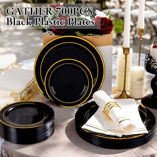 GATHER 700PCS Black Plastic Plates - Gold Disposable Plastic Dinnerware Set Include 200 6.3inch/9inch Black Plates, 300 Silverware, 100 Napkins, 100 Cups for Party & Wedding & Birthday - color: Black, size: 100 Guests