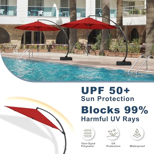 11FT Cantilever Umbrella with Base Large Curvy Outdoor Aluminum Offset Umbrella w/ 360° Rotation, UV Resistant Canopy for Patio, Garden, Backyard, Red - color: Red, size: 11FT
