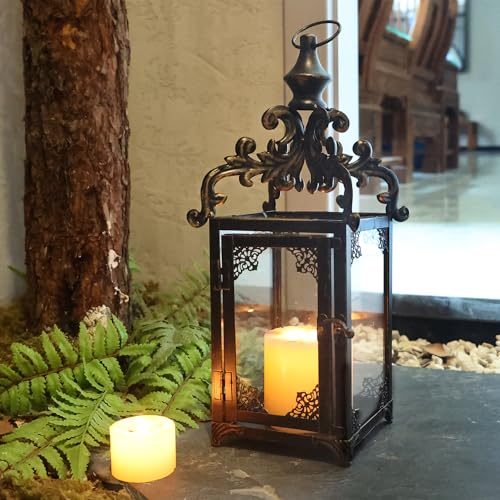NEEDOMO Lanterns Decorative Indoor Hanging Lantern Outdoor, Vintage Metal Tabletop Decor Lantern for Patio Rustic Home, Candle Holders with Clear Glass, Home Kitchen Coffee Table Livinig Room Decor - color: Bronze
