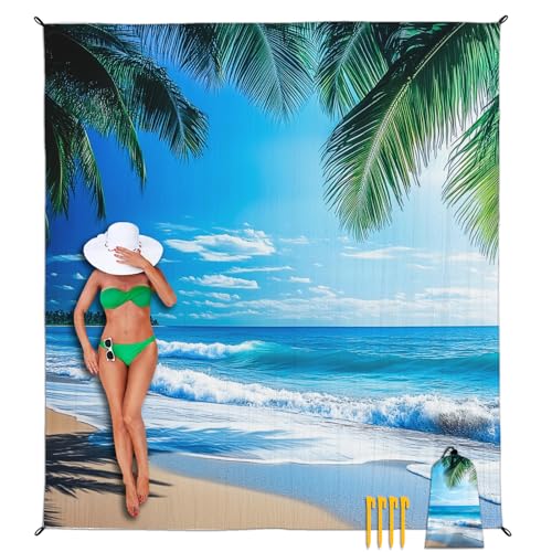 Beach Blanket Waterproof Sandproof, Palm Tree Oversized Extra Large Picnic Mat 83"×95"/8 × 7 FT for 1-7 Adults for Travel Camping Hiking, Quick Drying Lightweight Outdoor Beach Vacation Essentials - color: Beach 2