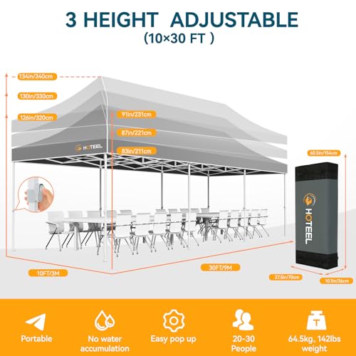 Hoteel 10x30 Pop Up Canopy Tent Heavy Duty with 8 Sidewalls, Waterproof Party Tent, Easy Set-up Commercial Instant Tents with Hand Bag, Rope & Nail, Hexagonal Leg (1-Year Warranty) - color: Gray, size: 10×30 （8 Walls）