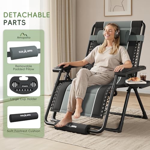 Amopatio Zero Gravity Reclining Patio Chair,XXL Foldable Lounge Chair with Removable Cup Holder/Headrest/Footrest,500LBS Capacity, Portable for Outdoor Patio Pool Backyard - color: Gray-black, style: 33in-1pc