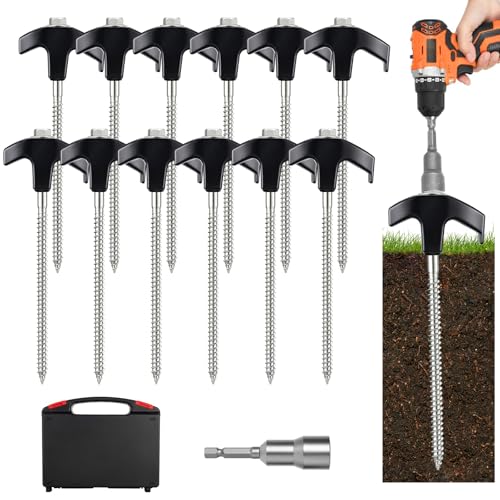8" Screw in Tent Stakes Heavy Duty, Ground Anchors Screw in, Metal Threaded Tent Spikes, Camping Pegs for Canopies & Gardening Inflatable Decor (12 PCS Black) - style: 12 PCS Black