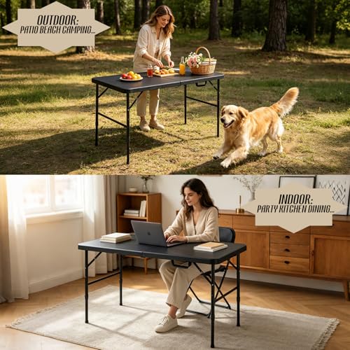 Portable Plastic Folding Table 4ft/6ft/8ft Heavy Duty White Black Picnic Dining Table Fold-in-Half for Camp Party Kitchen Indoor Outdoor - color: Black, size: 4FT, style: Flat Desktop