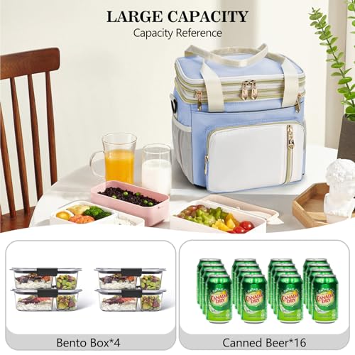 Lunch Box & Lunch Bag for Women, Large Insulated Adult Lunch Box Leakproof Lunchbox Cooler Bag for Work Picnic Beach,16L, Sky Blue & White - color: Sky Blue