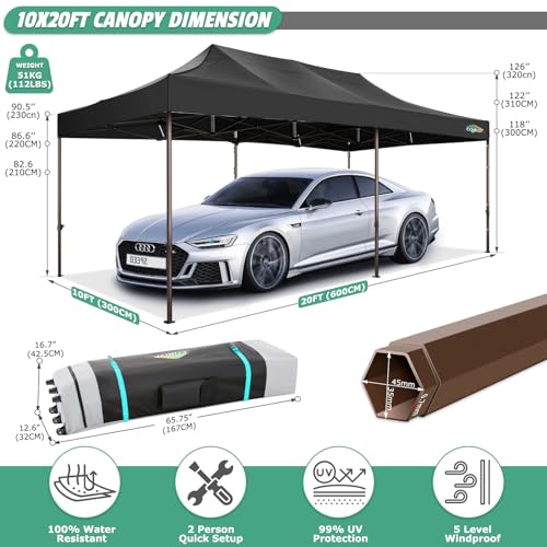 COBIZI 10x20 Pop Up Canopy Heavy Duty Without Sidewalls, Commercial Heavy Duty Pop Up Tent for Parties All Weather Waterproof and UV 50+ Wedding Tent with Roller Bag(Legs Upgraded),Black - color: Night Black, size: 10x20FT