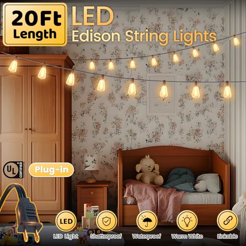 Outdoor String Lights 20FT - LED Waterproof Patio Lights Shatterproof ST38 Edison Bulbs, Connectable Hanging Vintage Lights for Outside Indoor Garden Backyard Deck Porch Party Decor - color: ST38-Edison Bulb, size: 20FT Plug-in Version
