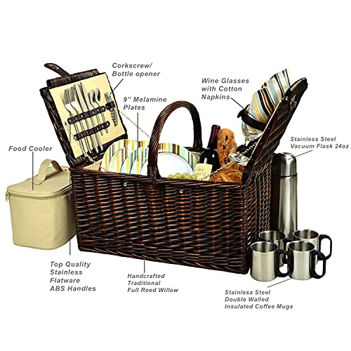 Picnic at Ascot Buckingham Willow Picnic Basket with Service for 4 and Coffee Service - Blue Stripe - color: Brown Wicker- Santa Cruz Plates/Napkins