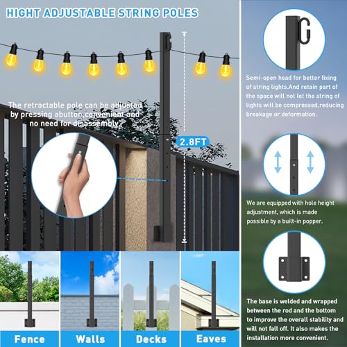 AHRLHR 8 Pack 2.8Ft String Light Poles,Light Poles for Outside Lights,Outdoor with Fence Brackets Hanging Lights,Metal Stand Deck Patio Backyard - size: 8 Pack-2.8FT