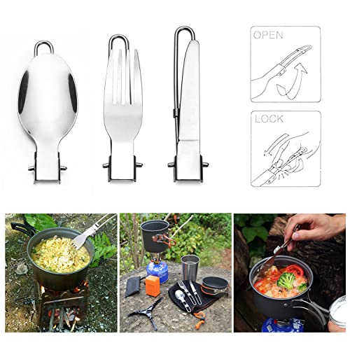 Odoland Camping Cookware Stove Carabiner Canister Stand Tripod and Stainless Steel Cup, Tank Bracket, Fork Spoon Kit for Backpacking, Outdoor Camping Hiking and Picnic - color: Orange