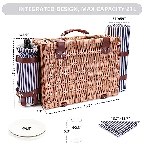 Picnic Basket with Blanket and Wine Pouch for 2 Wicker Picnic Set with Insulated Liner Cooler Bag Hamper for Camping,Wedding - Stripes - color: Stripes With Blanket for 2