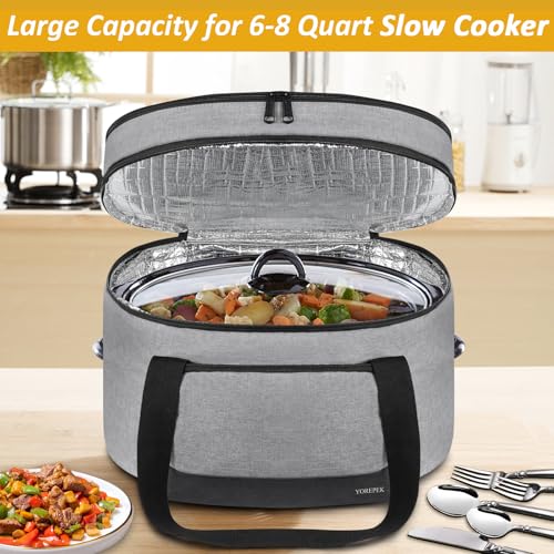 YOREPEK 2 Layer Slow Cooker Carrier, Compatible with 6, 7, 8 Quart Crock-Pot, Insulated Large Slow Cooker Travel Bag with Bottom Pad Lid Fasten Straps, for Family Gathering Potluck, Gifts for Women - color: Gray