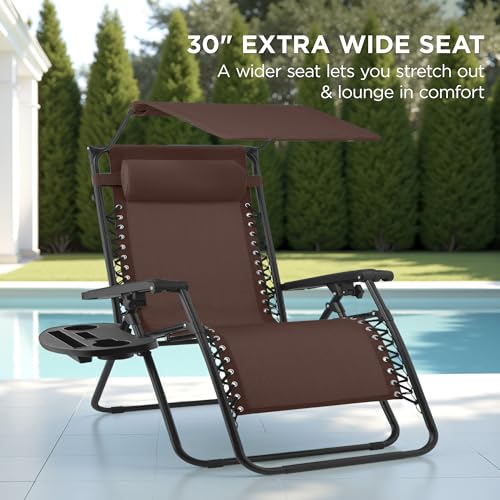 Best Choice Products 30” Wide Folding Zero Gravity Outdoor Recliner Patio Lounge Chair w/Adjustable Canopy Shade, Headrest, Side Accessory Tray - Brown - color: Brown, size: Oversized Extra Wide