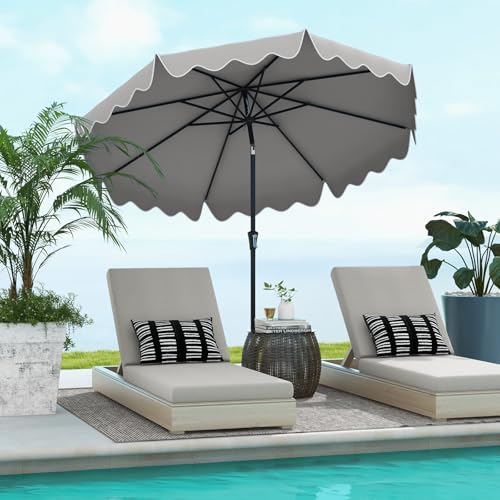 Tangkula 9Ft Patio Umbrella with Crank, 2-Tier Outdoor Umbrella with Push Button Tilt, Sun-Protective Canopy, 8 Ribs, Scalloped Patio Umbrella for Outdoor Beach Deck Pool Table (Gray) - color: Gray, size: 9Ft