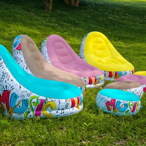 Zunate Inflatable Lounger Chair with Foot Stool, Portable Air Sofa Bed for Camping, Outdoor, Beach & Patio - Flocking Fabric, Foldable & Includes Repair Patch (Pink) - color: Pink