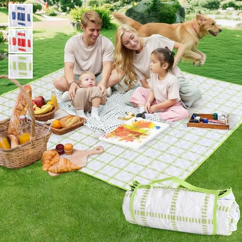 Alvantor® Extra Large Picnic Blanket, 80"x80" Waterproof Outdoor Blanket, Foldable Camping Blanket with Hook & Loop Straps, Portable for Beach, Park, Travel, Sandproof, Soft & Durable,Green - color: Green and White