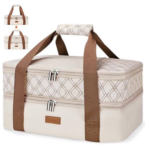 Expandable Casserole Carrier Bag - Double Decker Food Bag, Insulated Casserole Carrier for Hot or Cold Food, Lasagna Holder Tote for Picnics,Beaches,Traveling or Gifts - color: Beige