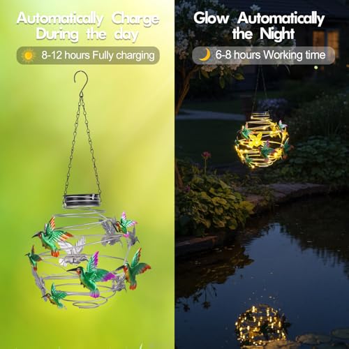 2 Pack Hummingbird Solar Lights Outdoor Hanging Lantern with Handle, Solar Powered Hummingbird Garden Decor for Outside Patio Yard Porch Pathway Hummingbird Gifts for Women (Warm White LED Lights) - color: Green-Hummingbird