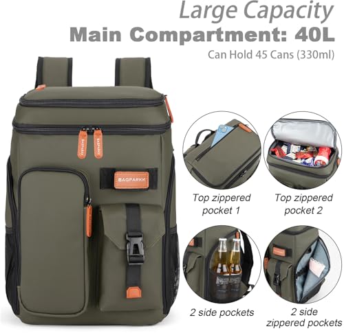 BAGPARKK Insulated Cooler Backpack,33/45 Cans Multifunctional Double Deck Leakproof Cooler Bag with Sternum Strap,Large Capacity Lightweight Travel Camping Beach Backpack - color: Green, size: 45Can