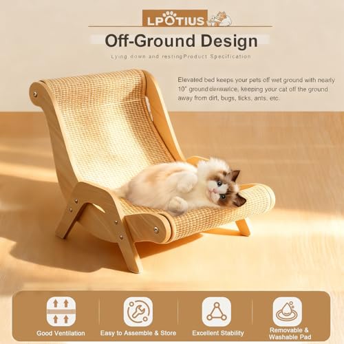 Elevated Cat Bed with Breathable Hemp Rope & Wooden Frame,Cool & Scratch-Resistant Pet Bed for Indoor Cats,Wooden Kitty Lounger,Kitten Elevated Bed for Indoor Nap Lounge Furniture