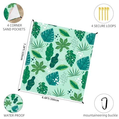 Beach Blanket Waterproof Sandproof Oversized Extra 79 * 88inch Sand Free Beach Mat with Stakes, Storage Bag - Essentials for Outdoor Beach, Picnic,Quick Drying Durable - color: Palm Leaf, size: 6.6x7.2 FT (1～4 Person)